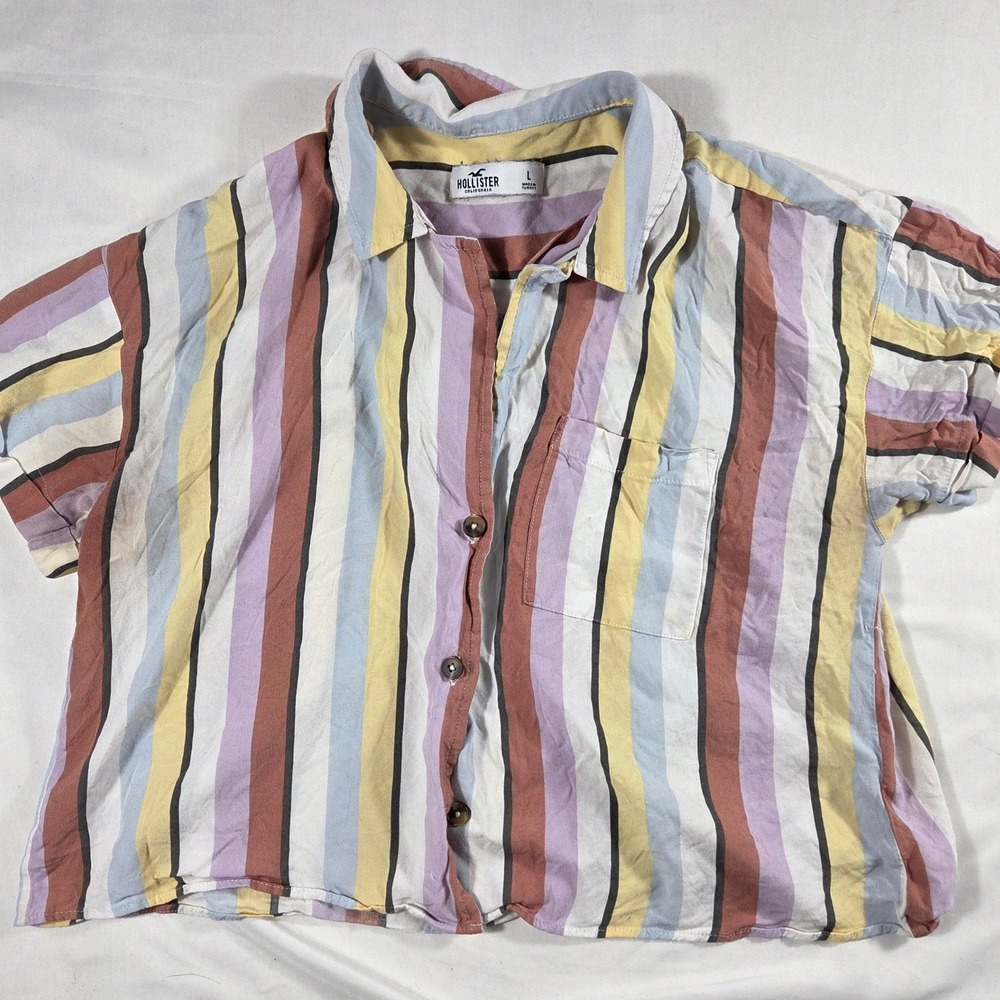 Hollister Multi Color Striped Short Sleeve Button Down Cropped Shirt Large